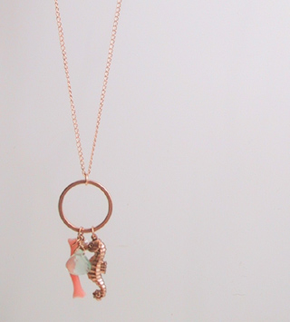 Sea horse necklace with aqua quartz and coral